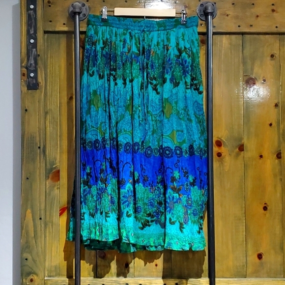 BLUE GREEN GAUZY SKIRT BOLD STATEMENT HIPPIE BOHO GYPSY FLOWY COMFY SIZE LARGE - Picture 1 of 12